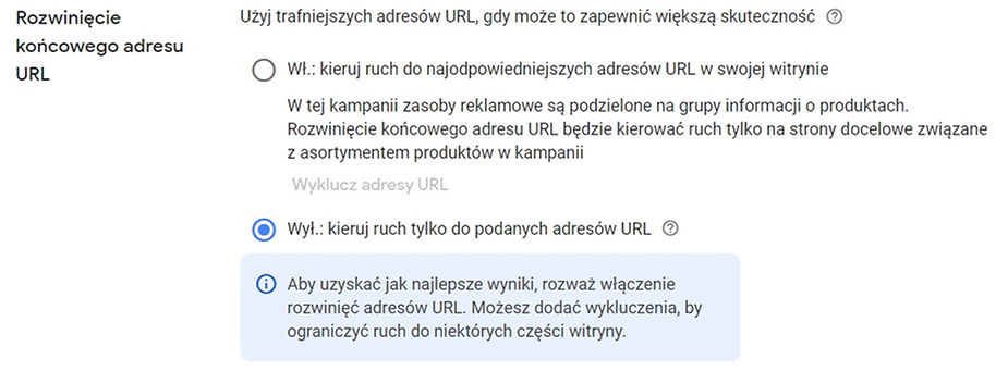 Rozwinięcie końcowego adresu URL w panelu Google Ads
