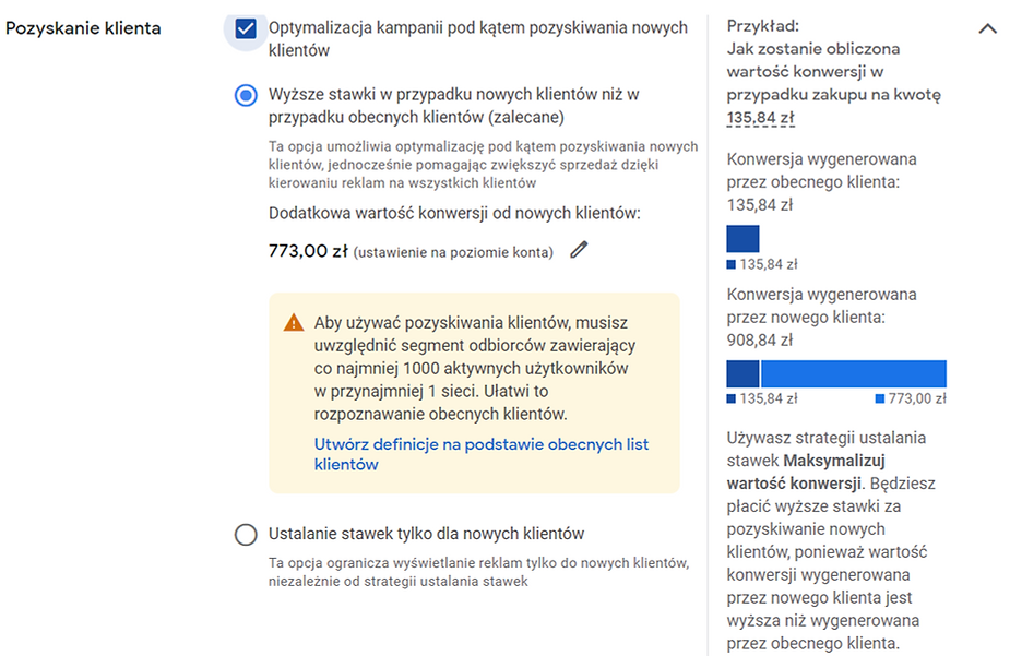 Ustawienie "Pozyskania klienta" w panelu Google Ads
