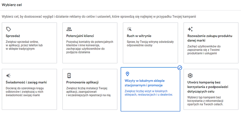Wybór kampanii lokalnej w Google Ads